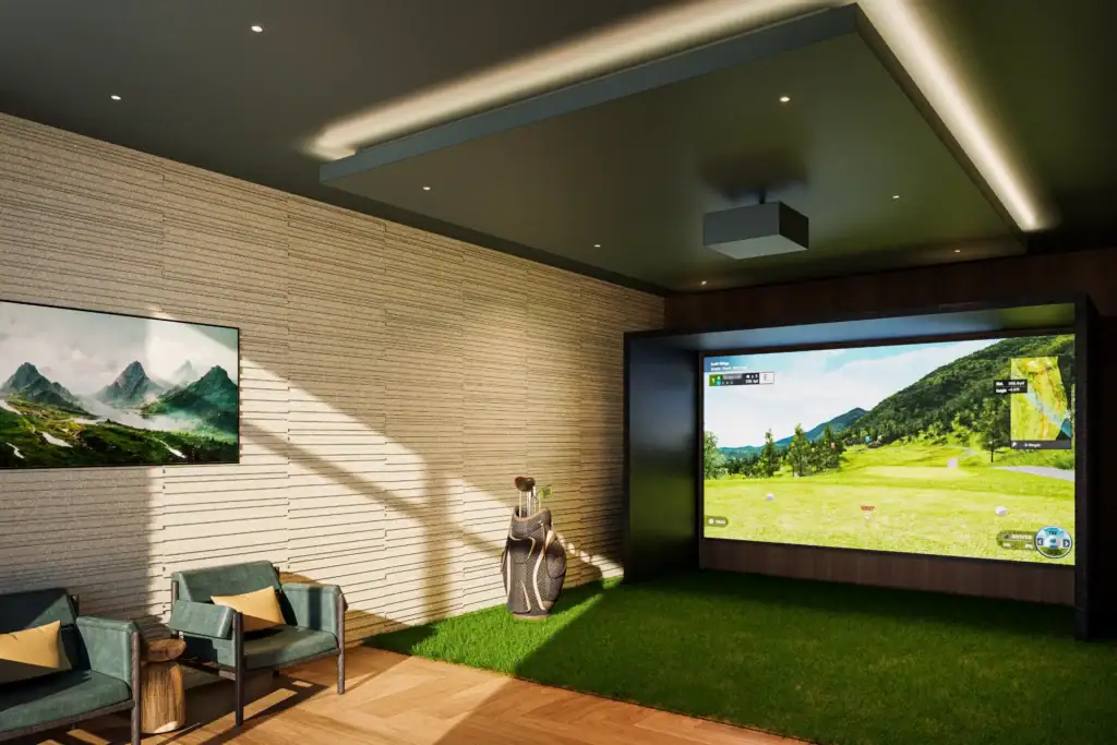 Luxury indoor golf simulator room with virtual golf screen, putting turf, comfortable lounge seating, and golf clubs in a modern recreation space in a Raleigh apartment for lease in Midtown