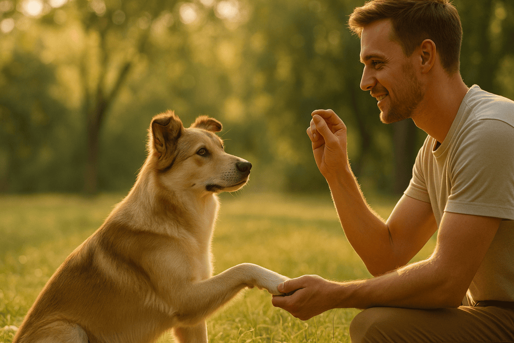 Éducation canine douce dans un pré doré au coucher du soleil, regard complice et gestes calmes.