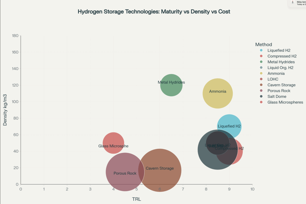 Alternative Hydrogen Storage Methods: A Comprehensive Analysis of Prospects and Challenges 3 Hydrogen storage comparison chart: physical, materials-based and carrier options