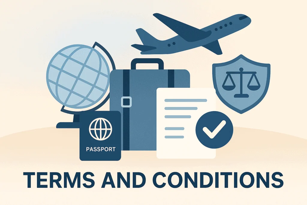 Flat-style illustration with travel icons and legal symbols for a TripGuideWorld Terms and Conditions.