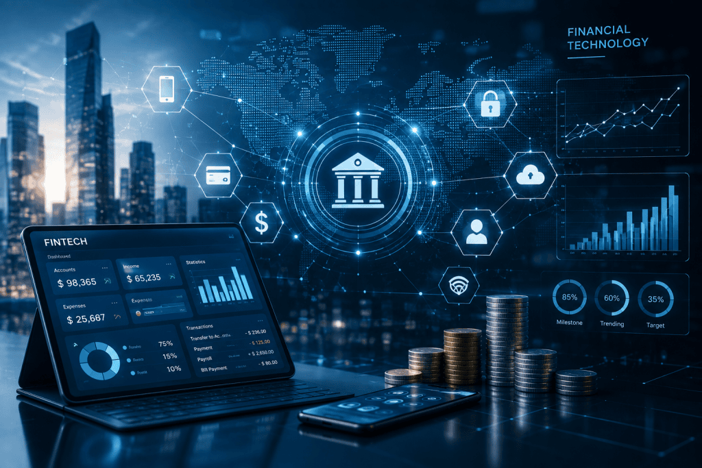 Fintech dashboard showing payments, accounts and financial analytics data