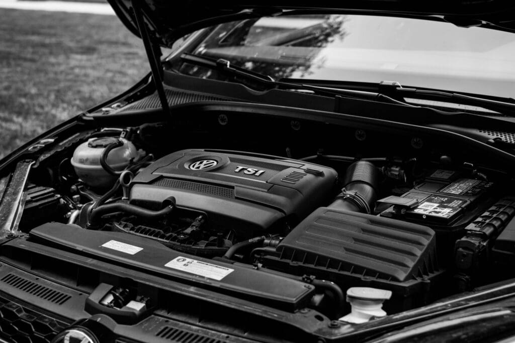 Open bonnet showing a turbocharged engine bay