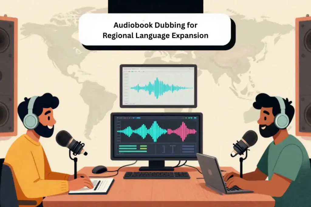 Illustration of two people in a studio with microphones, headphones, and screens showing audio waves. Text reads "Audiobook Dubbing for Regional Language Expansion."
