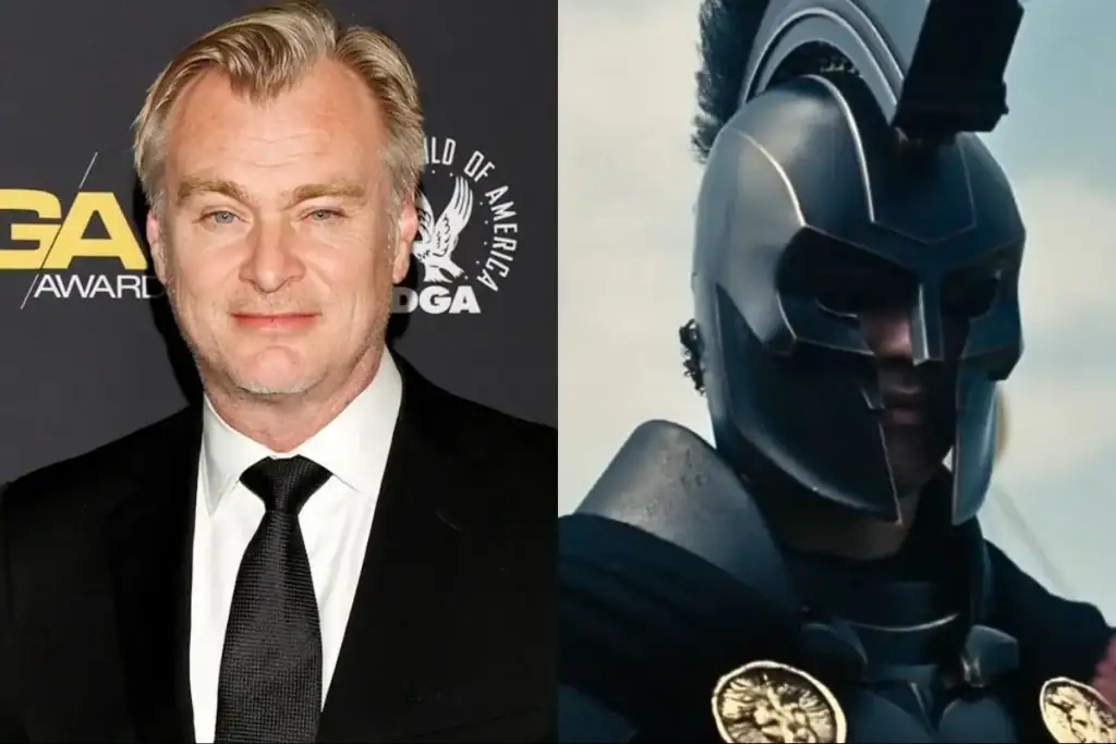 Split image: On the left, a person in a suit at an awards event; on the right, a figure in an elaborate warrior helmet, suggesting a film scene.
