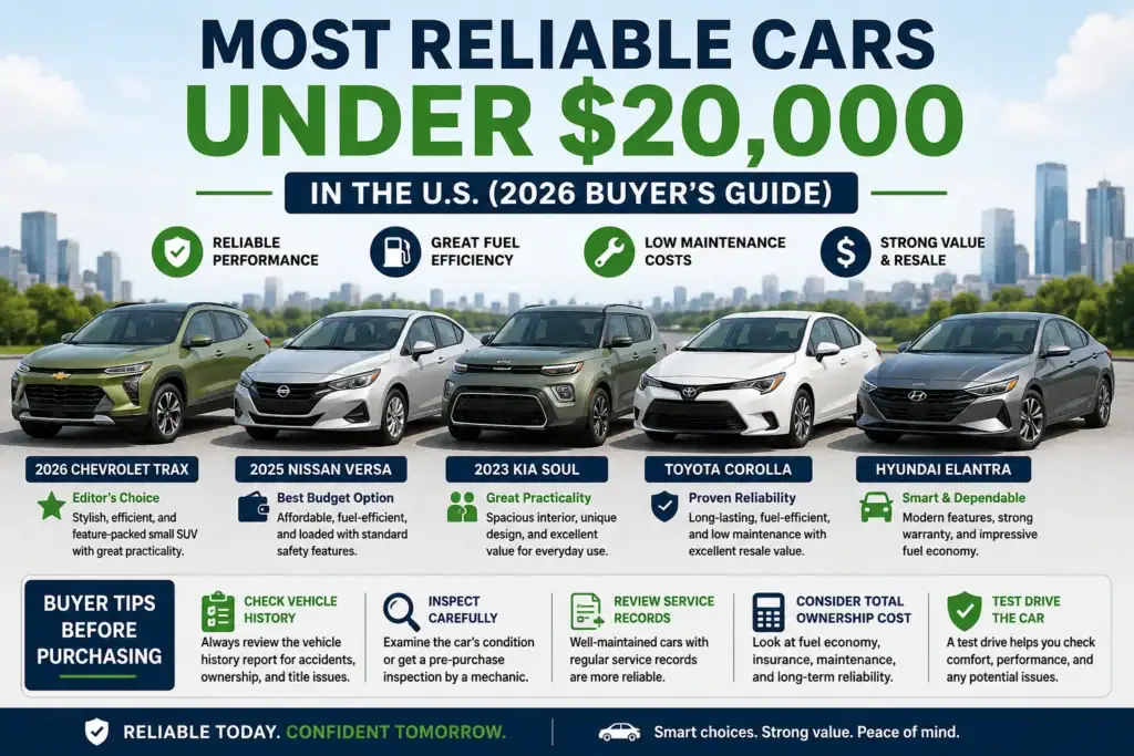 Most reliable cars under 20000 in the U.S. including Chevrolet Trax, Nissan Versa, Kia Soul, Toyota Corolla, and Hyundai Elantra