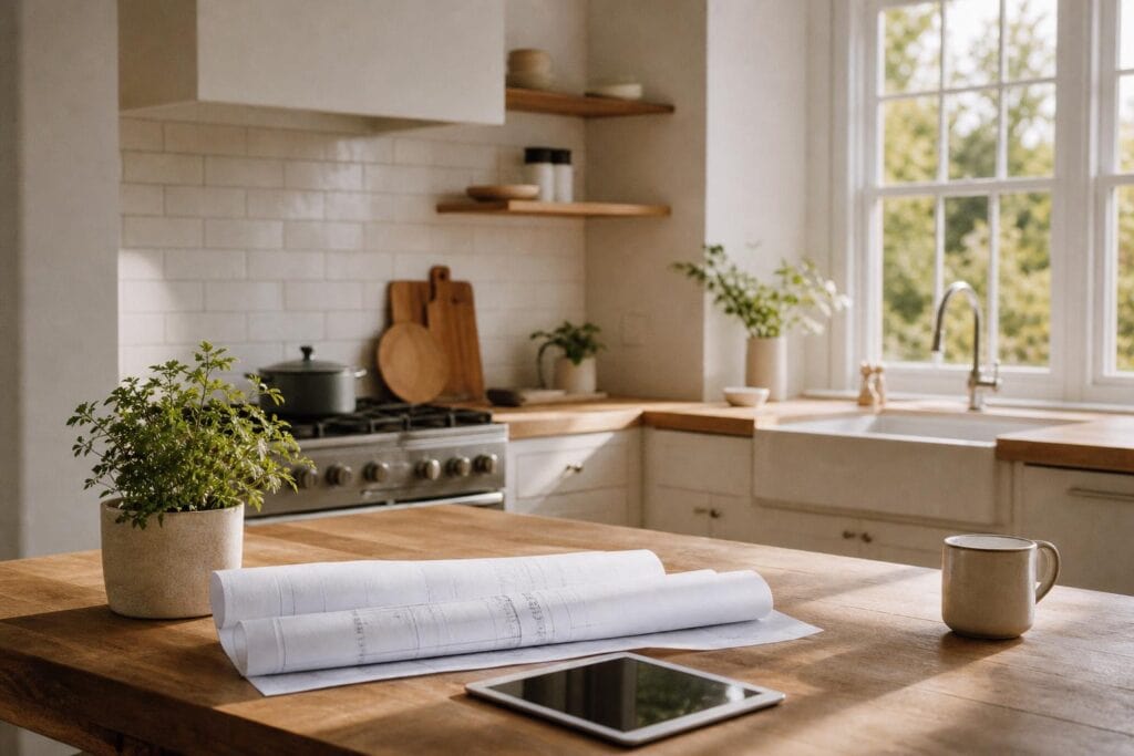 Cuisine renovee lumineuse avec plans de travaux et tablette