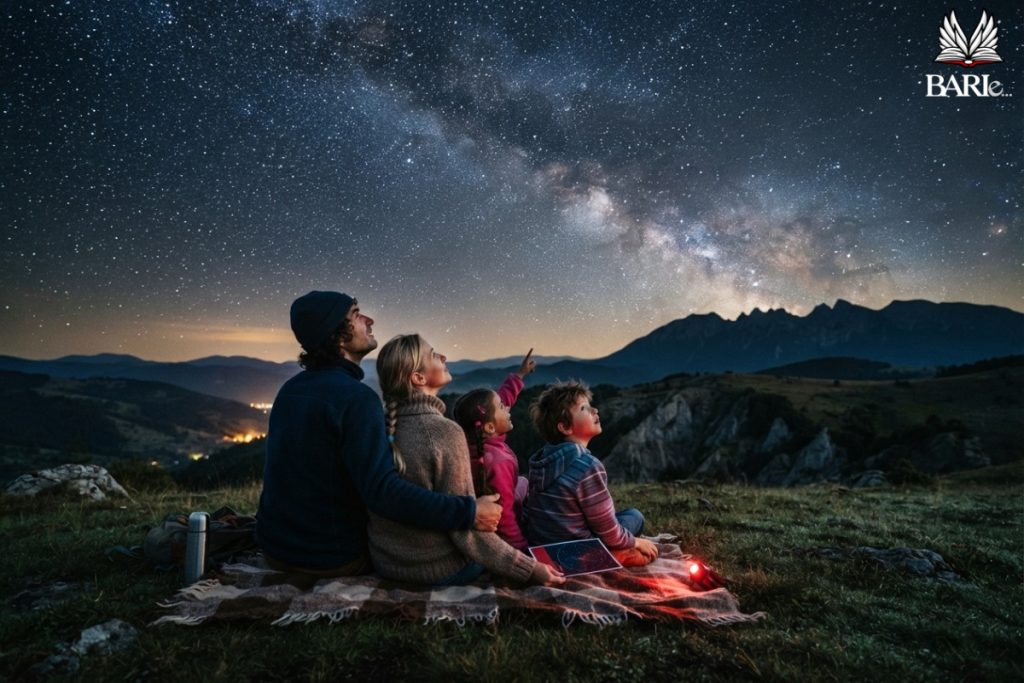Una famiglia che guarda il cielo notturno