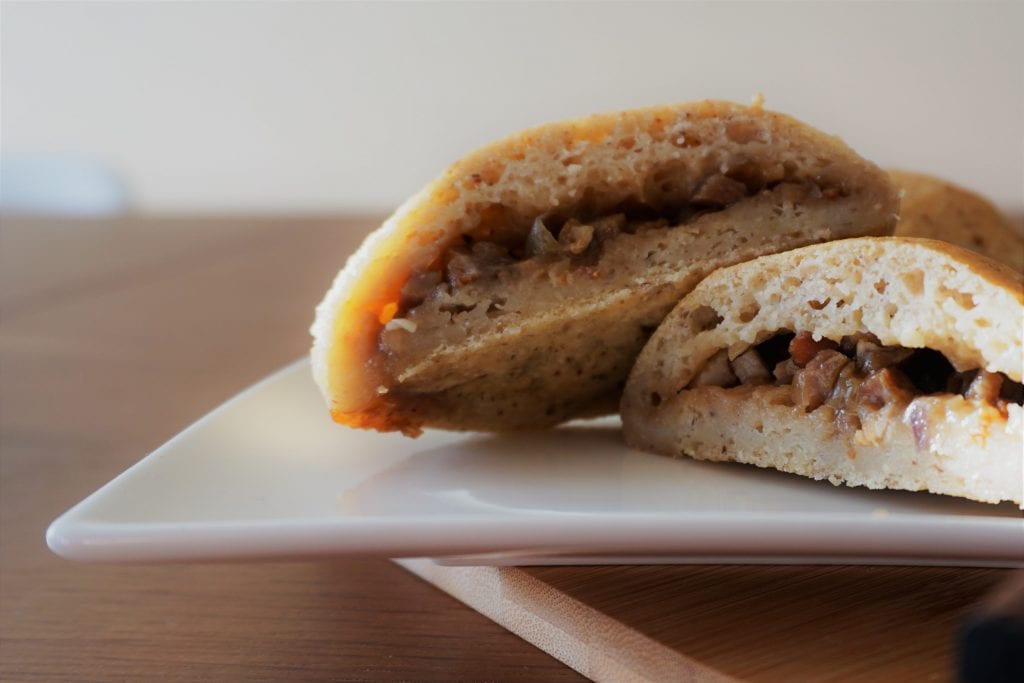 Crosssection of baked bbq pork buns close up landscape