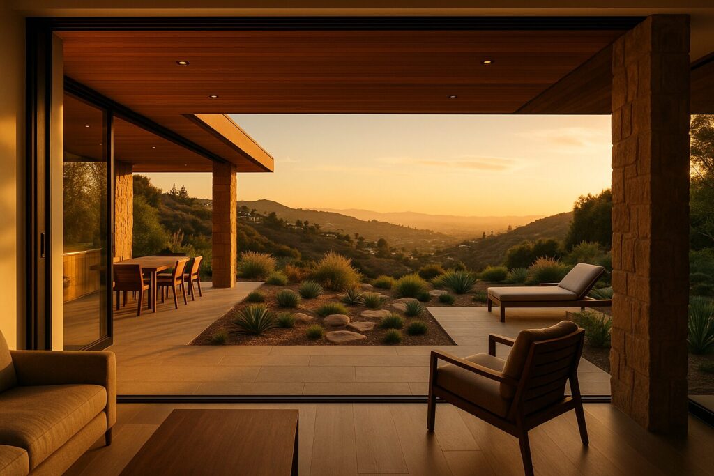 Modern hillside home with open-concept living space, wooden ceiling, stone columns, and expansive view of valley and mountains.