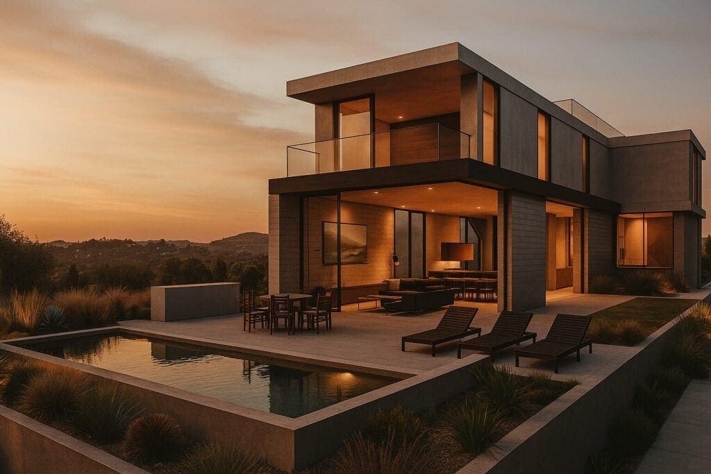 Contemporary modern house with large glass windows, clean lines, and mixed materials including wood and concrete. Pool area with outdoor seating and lounge chairs at sunset.