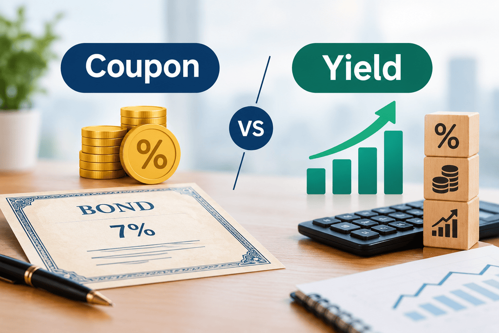 Illustration comparing a bond's fixed coupon rate with its yield, showing a 7% bond, coins, calculator, and rising yield chart.