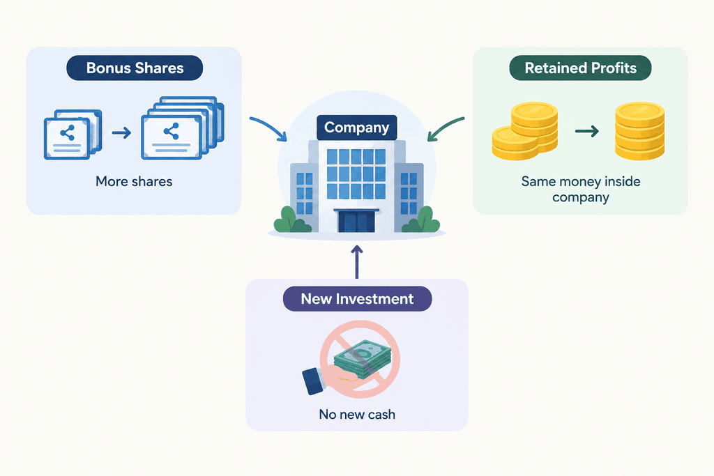 Diagram illustrating the bonus share issuance process, showing more shares created from retained profits with no new cash investment brought into the company.