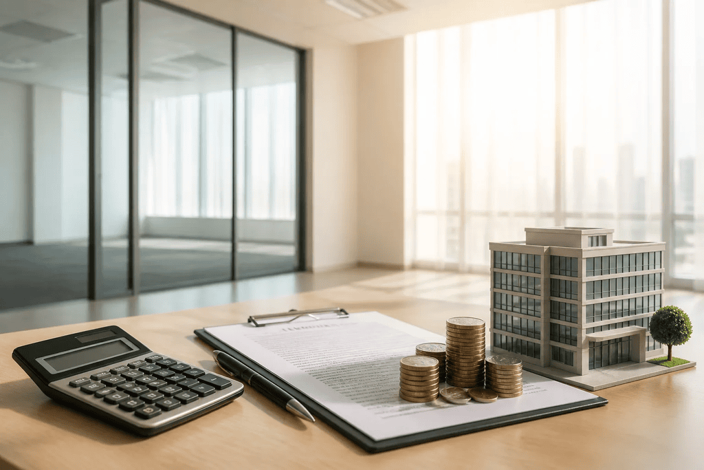 Calculator, coins, and building model on desktop representing real estate expenses. This detailed setup visually highlights the breakdown of commercial office space rental and leasing costs.