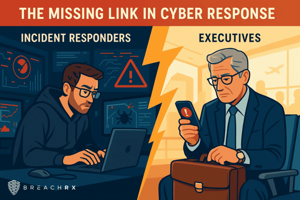 A cartoon image depicting the missing link in cyber response with an incident responder working at his desk on the left and an executive sitting at the airport holding a briefcase and looking at his phone on the right