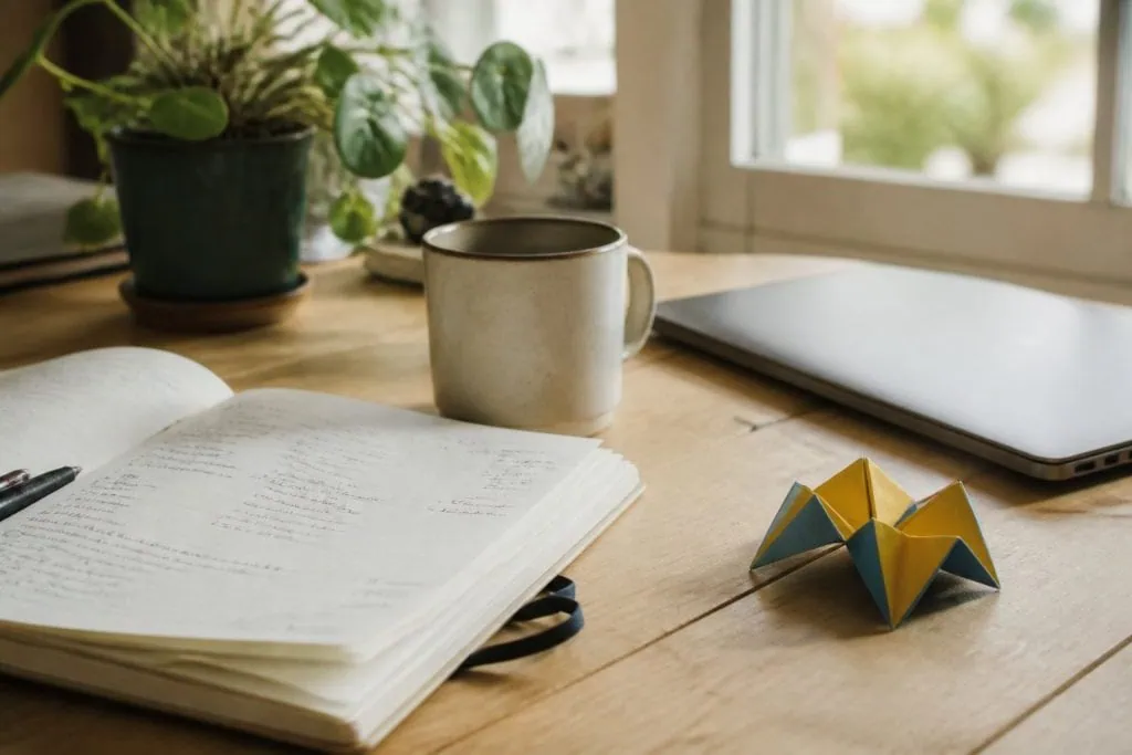Carnet ouvert, tasse et cocotte en papier sur une table en bois près d’une fenêtre