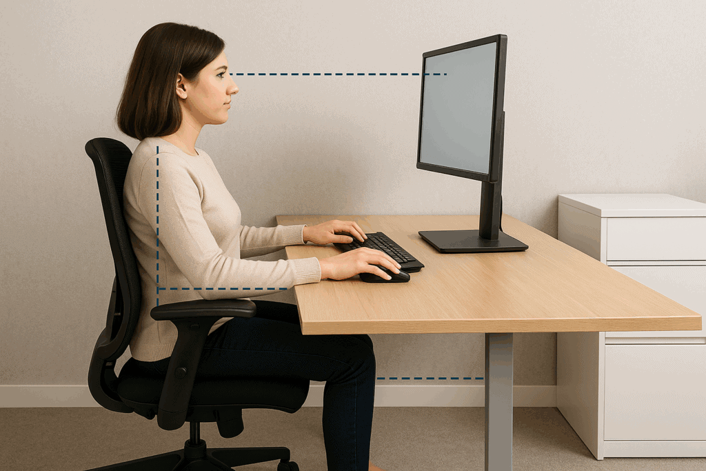 Žena sedí v ergonomické židli u počítače, udržuje správnou pozici těla a používá správně nastavené pracovní místo.