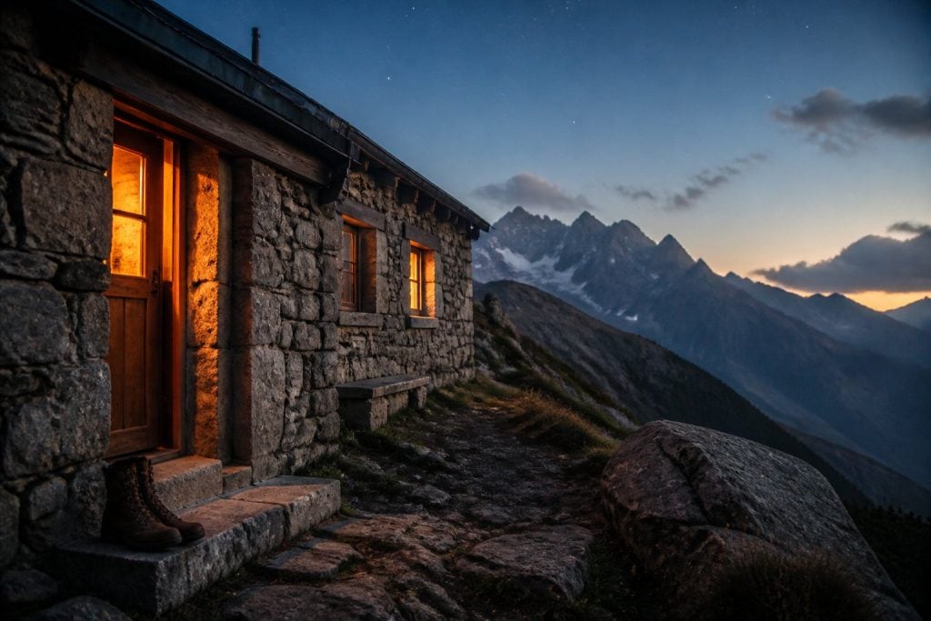 Rubrique Voyage et Séjours : refuge de montagne en pierre au crépuscule, fenêtres chaleureuses
