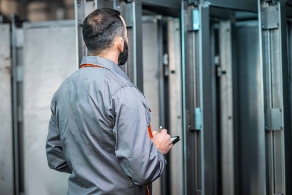 Man standing next to the steel door frames