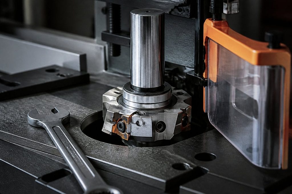 Porte-outils à plaquettes et bagues d’espacement pour toupie 30 mm posés sur l’établi d’un atelier de menuiserie
