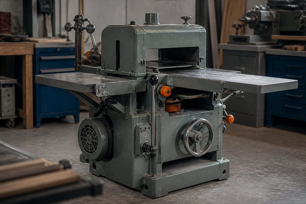 Raboteuse dégauchisseuse Kity DRA260 en fonte dans un atelier de menuiserie, tables de dégauchissage et capot d’aspiration visibles