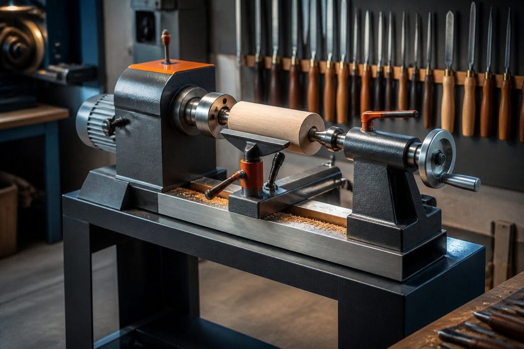 Tour à bois JET JWL-1220 en fonte installé sur un établi d’atelier, bol en cours de tournage entre pointes