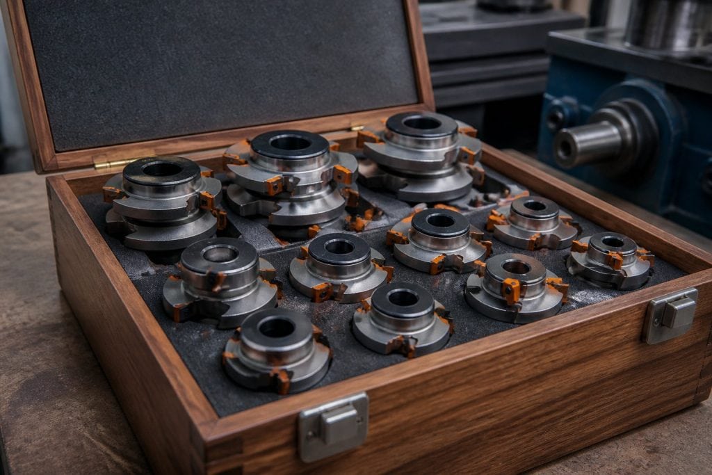 Coffret d’outillage toupie 50 mm ouvert avec porte-outils et jeux de fers profilés rangés dans leur mousse