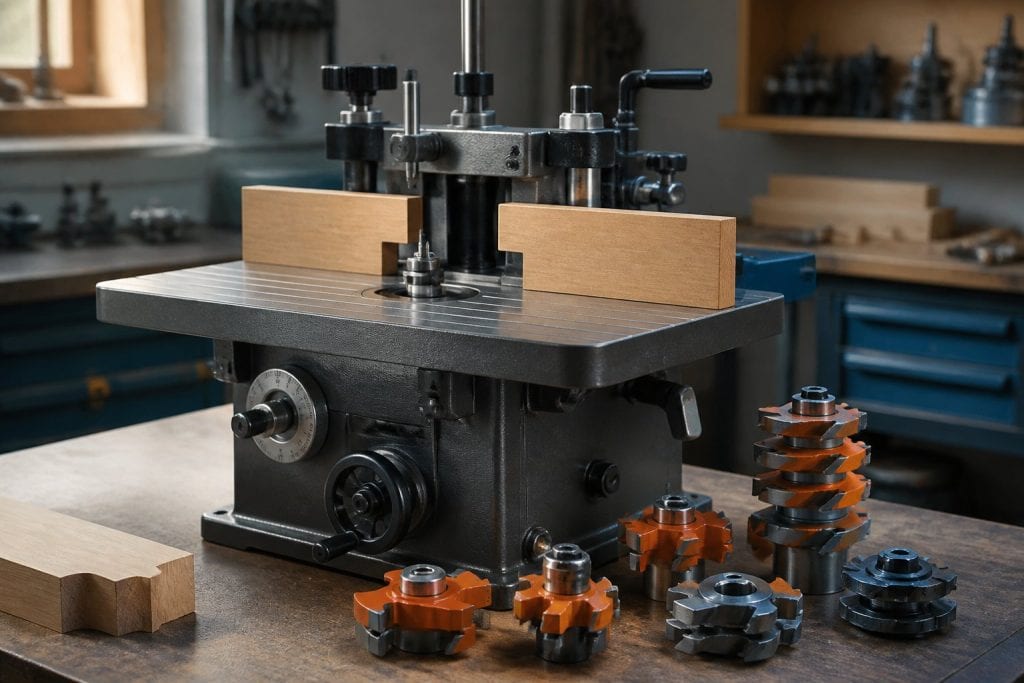 Outils alésage 20 mm et bague de réduction en acier posés devant une toupie Kity d’atelier