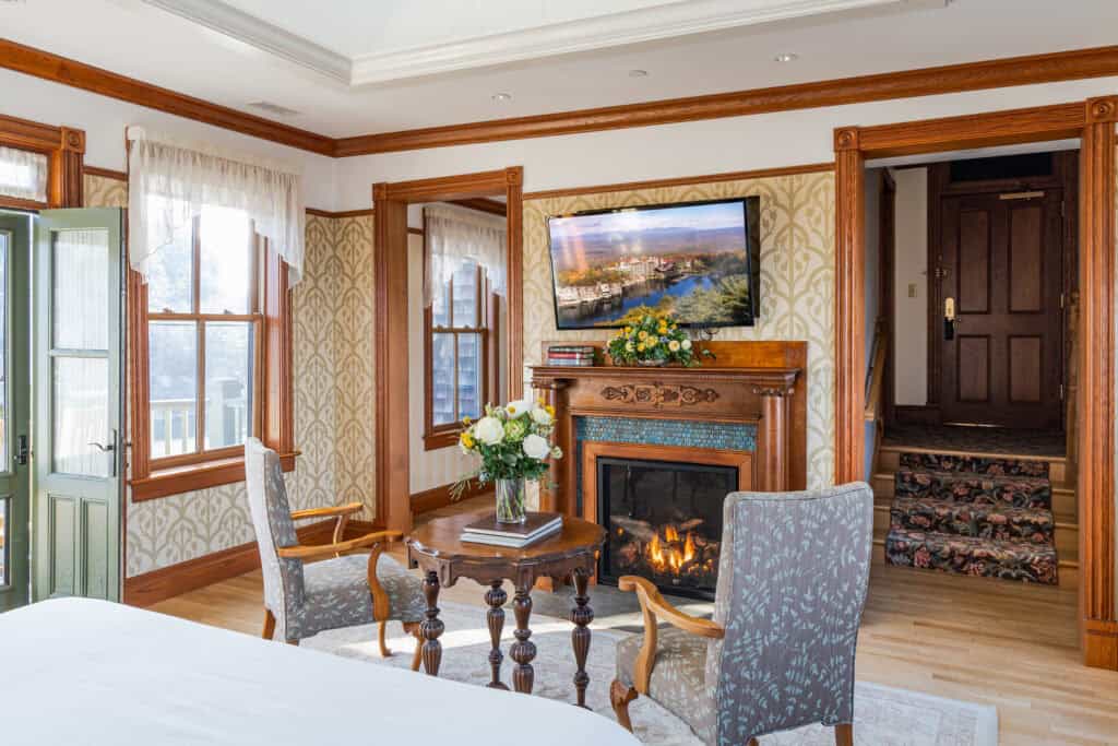 Sitting Area Near a Fireplace in the Tower Suites at Mohonk Mountain House