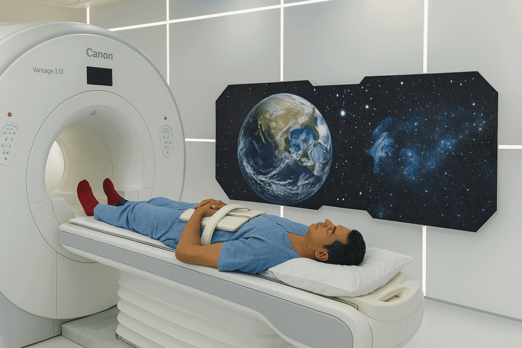 Patient in feet-first position during prostate multiparametric MRI on advanced 3T wide-bore MRI scanner