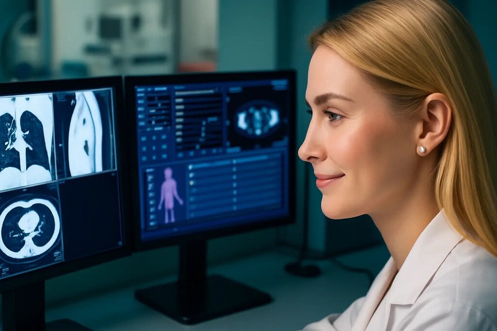 radiologist analyzing high-quality diagnostic imaging scans on dual computer monitors in a medical facility.