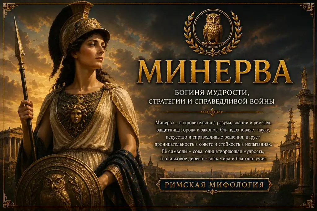 Минерва в шлеме с копьём, щитом и совой на фоне римского города и золотой надписи Минерва