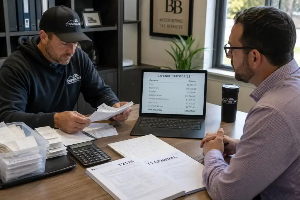 Contractor organizing tax deduction receipts and expense documentation for Canadian tax filing with categorized business expenses.