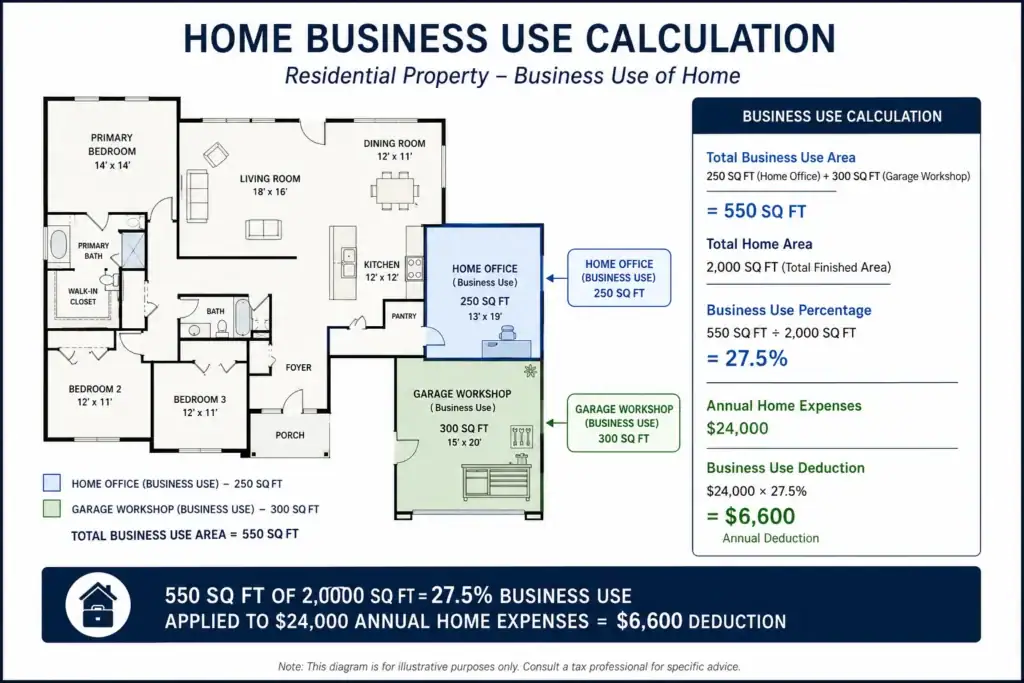 Home office deduction calculation showing floor plan with business-use areas highlighted and step-by-step percentage calculation for contractor home workspace.