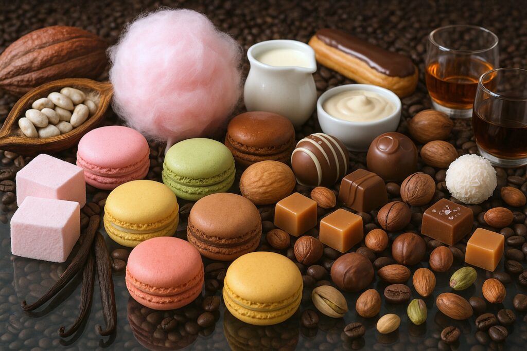 Chocolate, vanilla, coffee, and sweet gourmand accords create indulgent, comforting, and playful fragrances inspired by culinary delights.