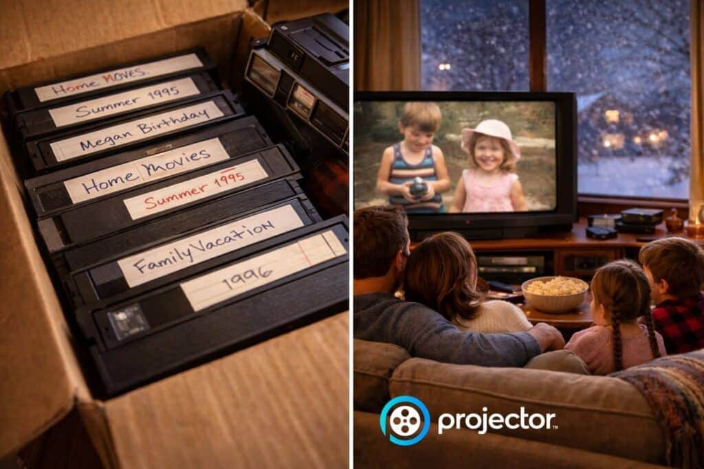 photo of old family video vhs tapes in a cardboard box alongside a photo of a family watching their home videos on a television