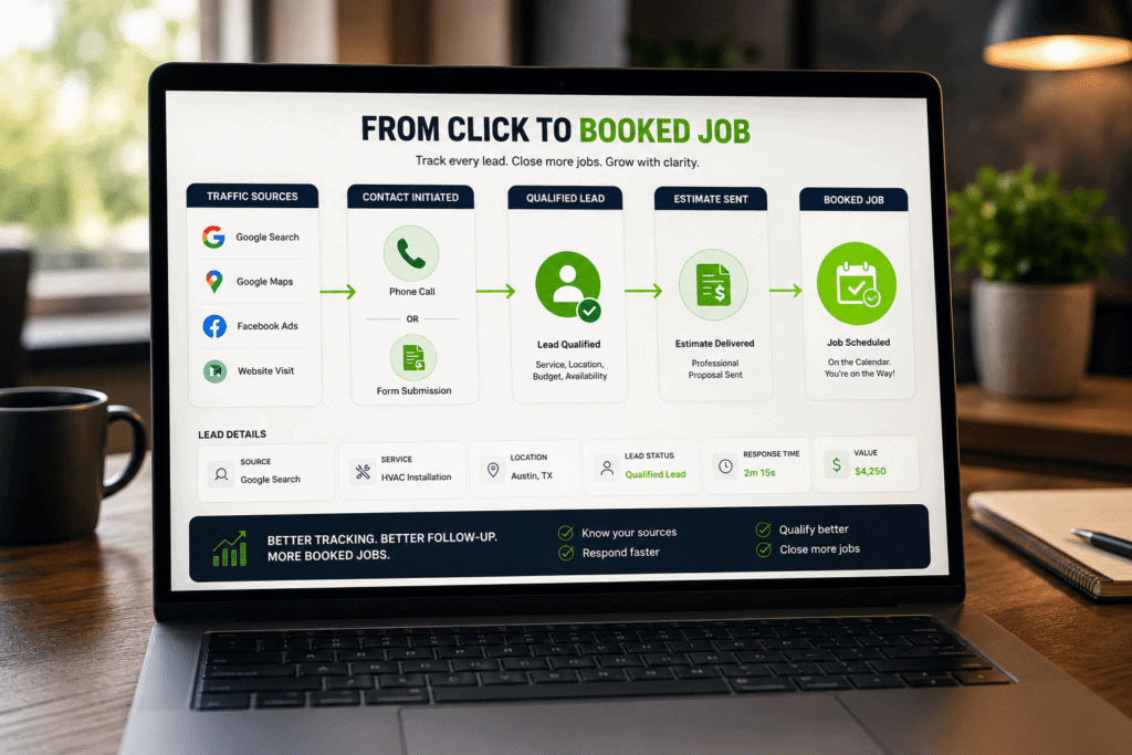 Home service lead tracking system connecting traffic sources, calls, forms, qualified leads, estimates, and booked jobs.