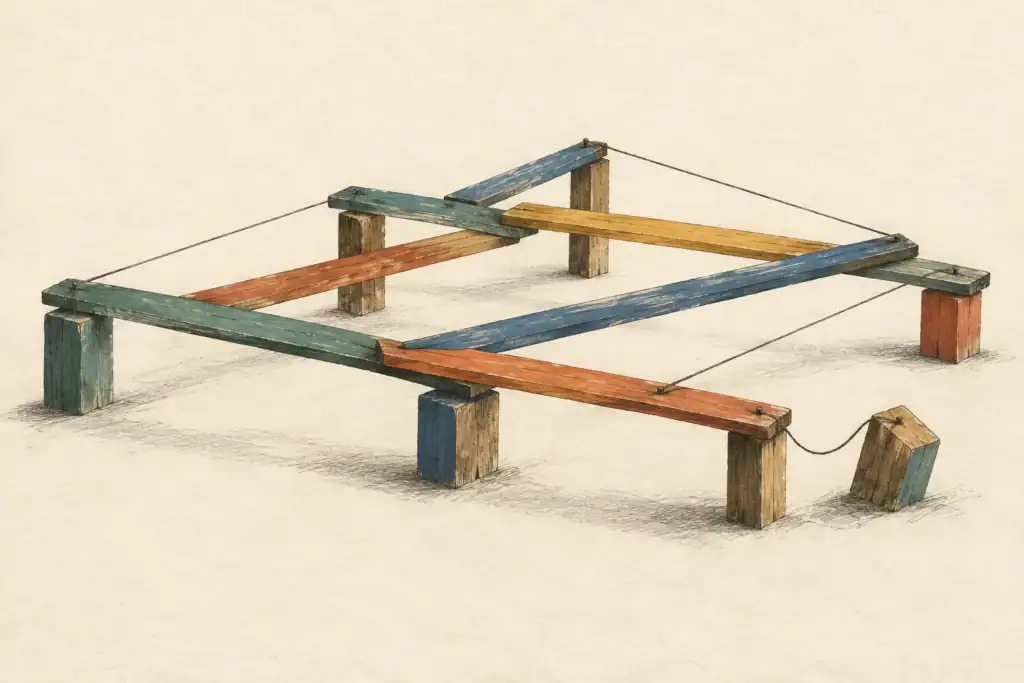 Illustration de lattes colorées reliées par des fils et reposant sur des appuis décalés, sur un fond de papier ivoire.