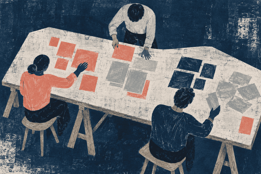 Gravure bleue et corail : trois personnes vues de dos ou du dessus disposent des feuilles sur une grande table à tréteaux.