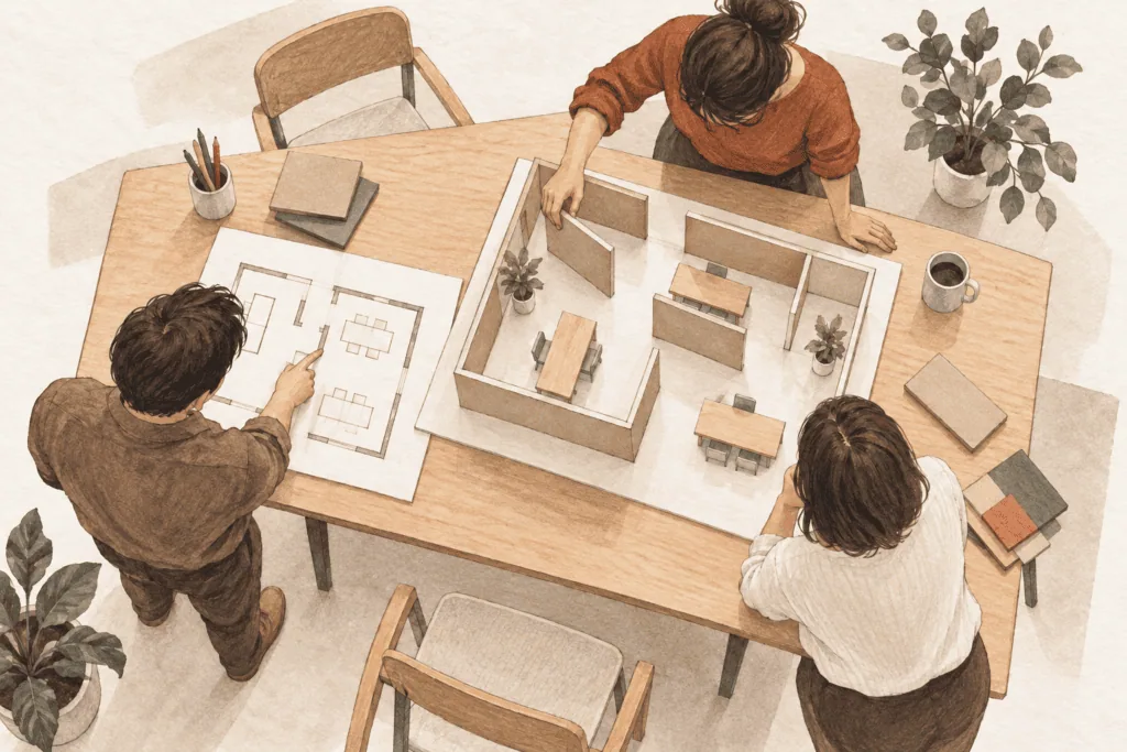 Illustration à l’encre et au crayon : trois personnes vues du dessus comparent un plan à une maquette d’espace de travail et déplacent une cloison.