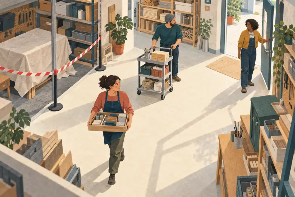 Illustration : une collègue porte un plateau, un collègue pousse un chariot et une troisième tient une porte, à côté d’une zone d’atelier fermée.