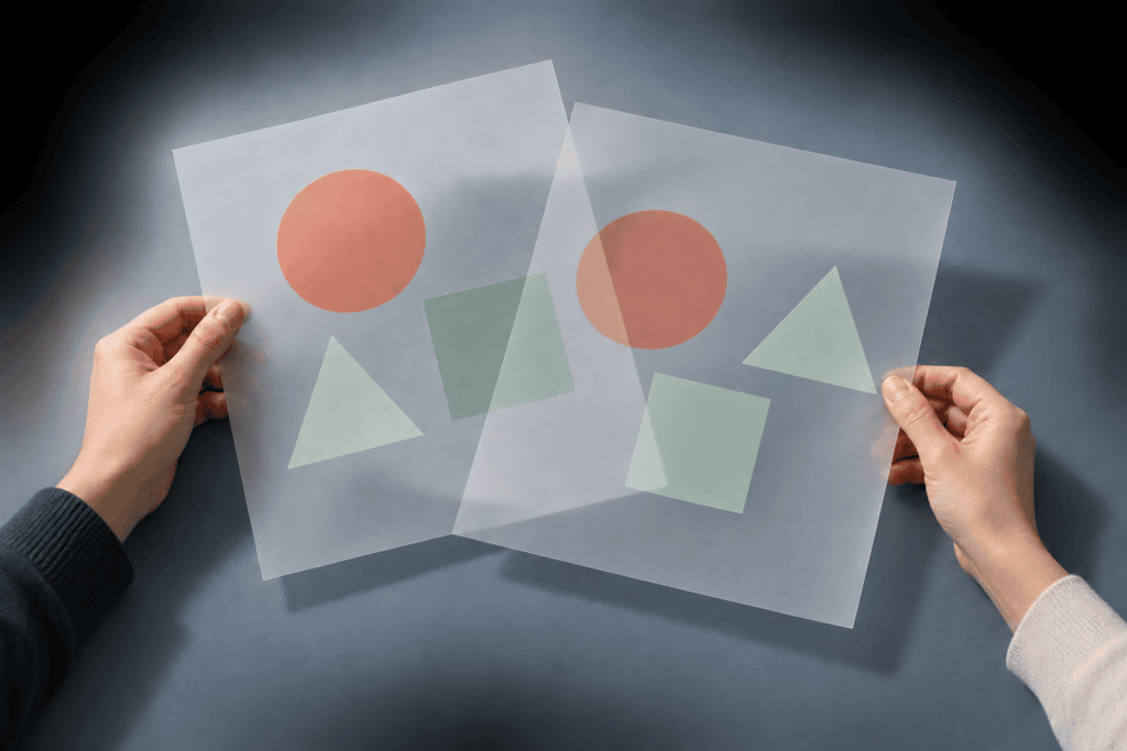 Deux mains comparent des feuilles transparentes où les mêmes formes sont disposées différemment.