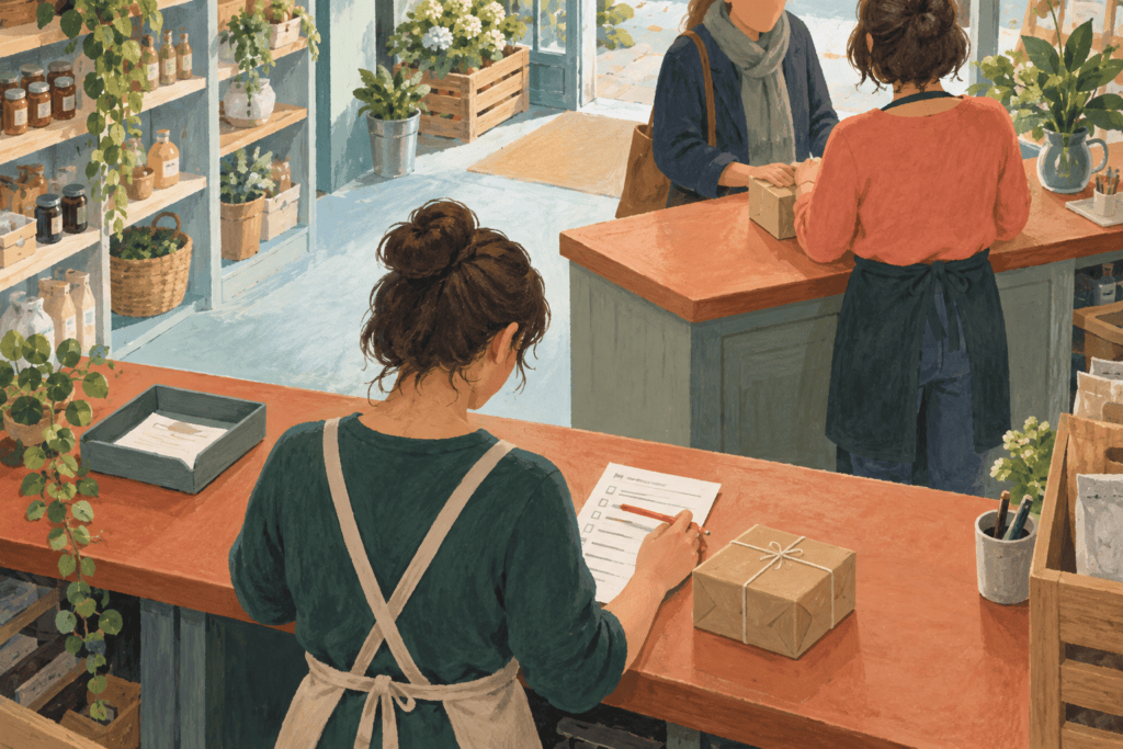 Illustration à la gouache : une personne vérifie une commande pendant qu’un collègue accueille une cliente.