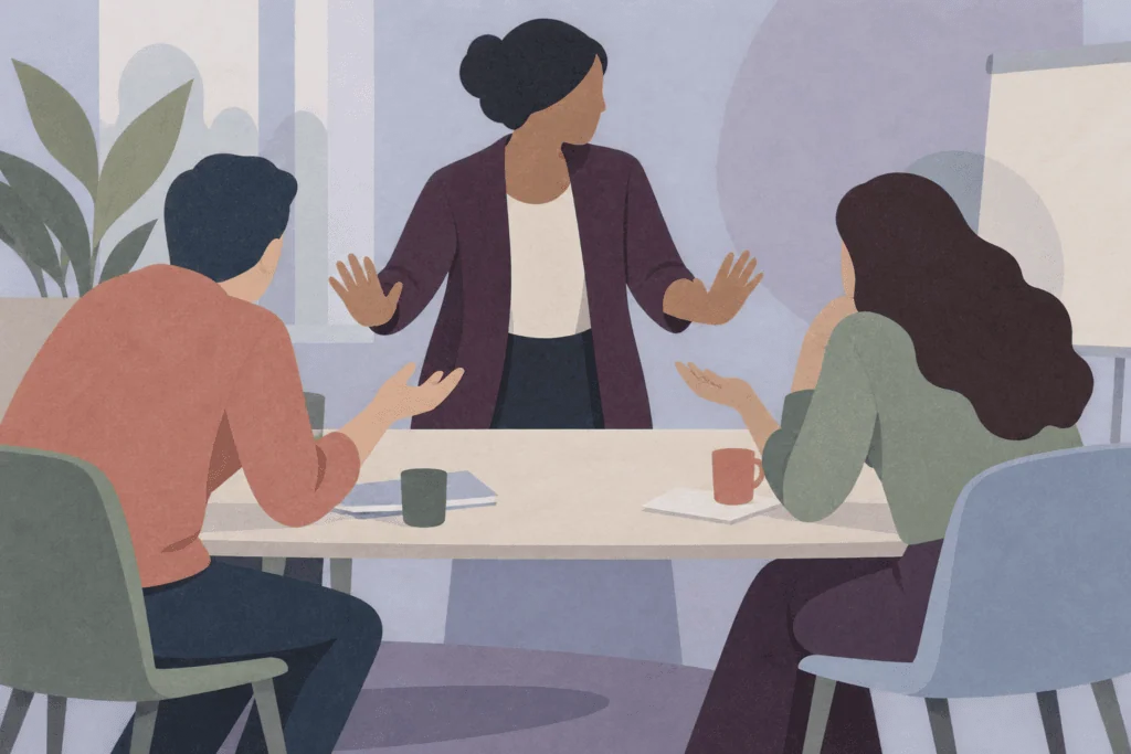 Illustration en collage : une personne fait un geste de pause entre deux participants autour d’une table.