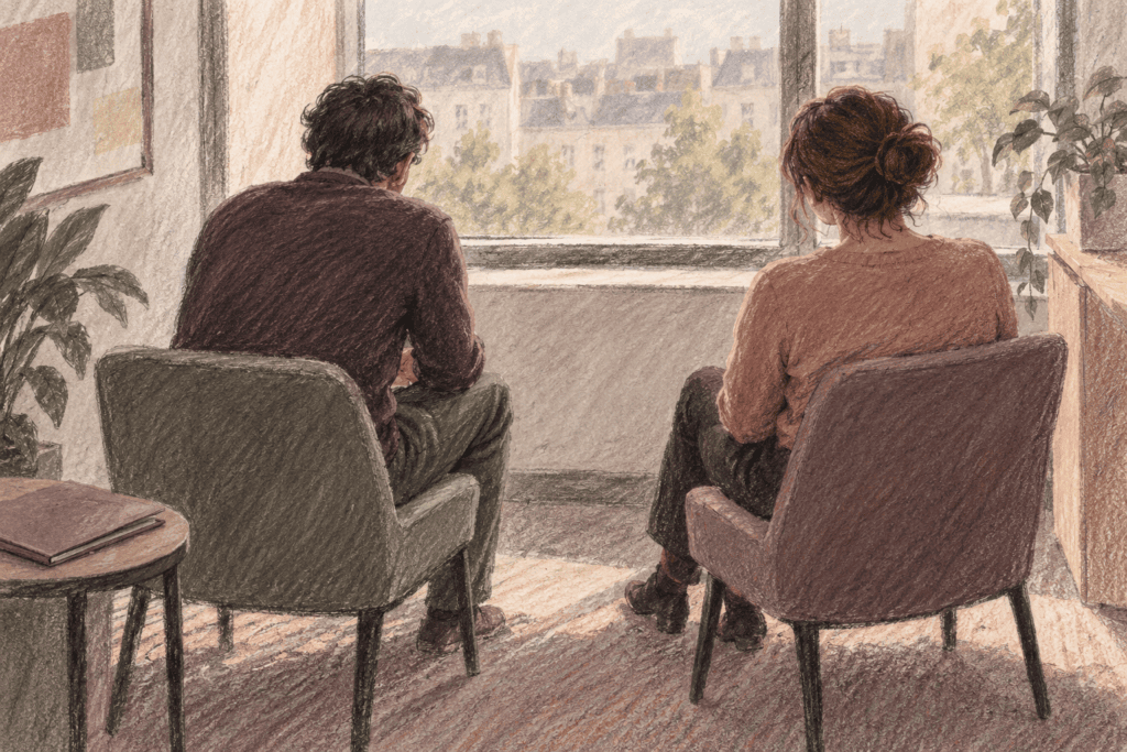 Dessin au pastel : deux personnes vues de dos sont assises près d’une fenêtre, avec un espace entre elles.