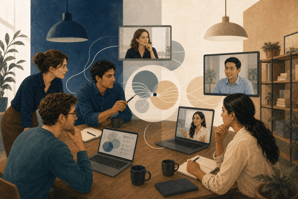 Illustration d’une coopération interculturelle à distance où plusieurs points de vue convergent vers un cadre de travail commun.