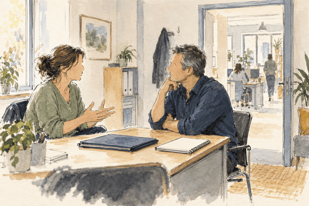 Dessin à l’encre de deux professionnels échangeant à hauteur égale dans un bureau.