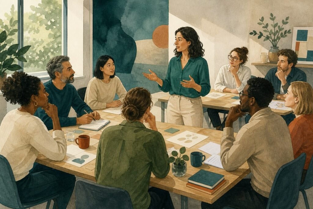 Illustration d’un groupe de professionnels échangeant pendant une formation sur le stress au travail