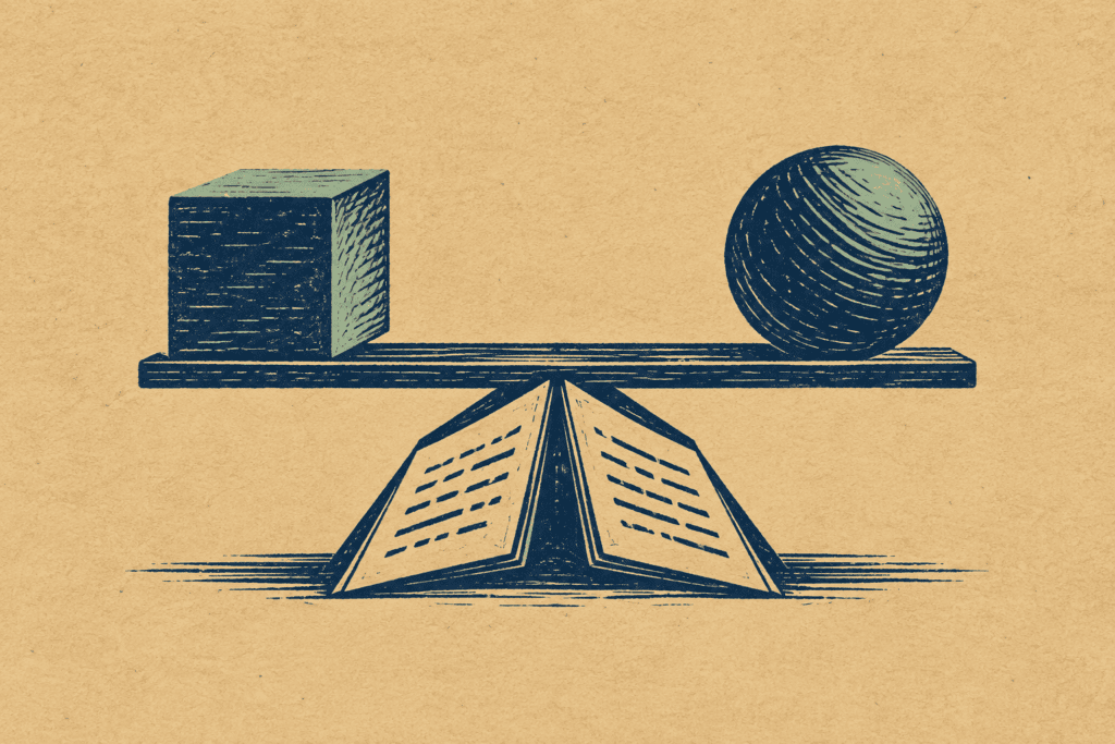 Illustration gravée : un document plié soutient une balance portant deux formes différentes.
