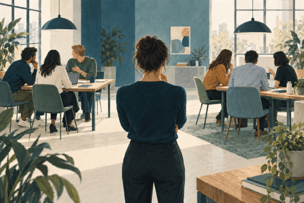 Une personne vue de dos entre deux groupes de collègues réunis dans un espace de travail.