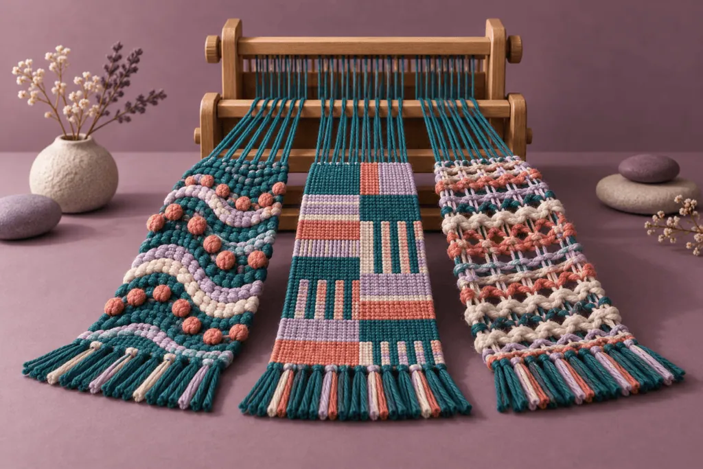 Trois pièces tissées aux motifs différents reliées à un même métier à tisser, sur un fond mauve.